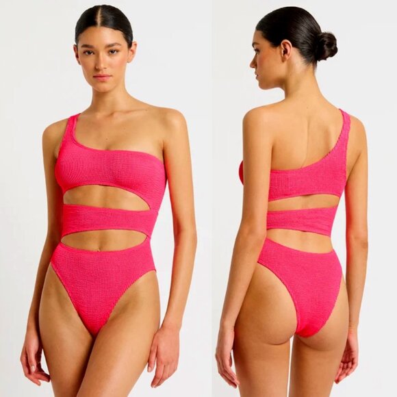 NWT Bond-Eye Rico Swimsuit Azalea Hot Pink One Piece Cut-out One Shoulder OS - Picture 1 of 8